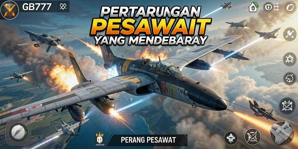 Screenshot antarmuka permainan GB777 dengan pesawat tempur beraksi.